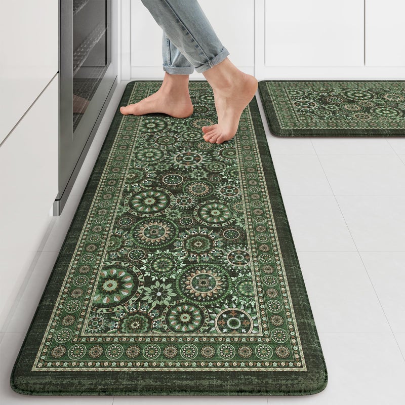 KIMODE Anti Fatigue Kitchen Mats for Floor 2 Piece Cushioned Boho Kitchen Rugs Memory Foam Kitchen Floor Mats Standing Desk Mats for Laundry Office Sink Green 17"x47"+17"x29" - Image 1