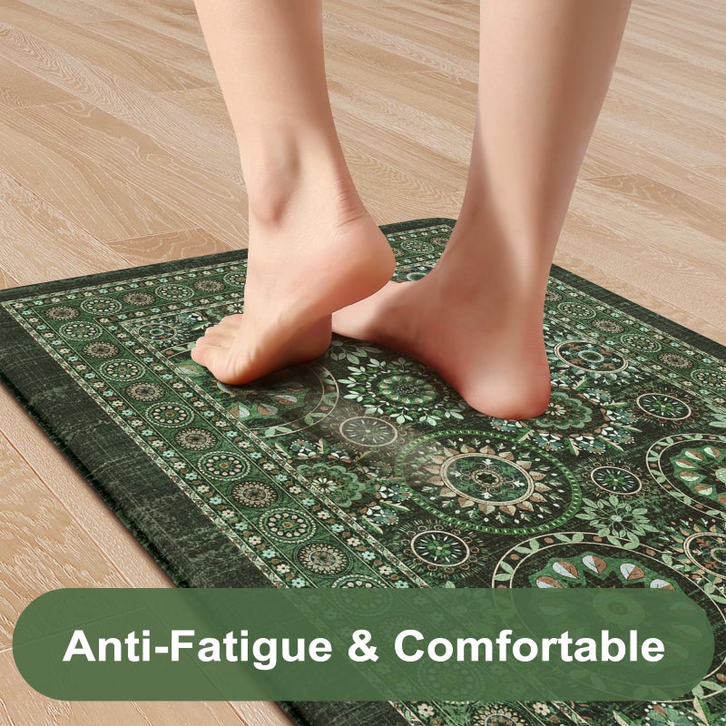 KIMODE Anti Fatigue Kitchen Mats for Floor 2 Piece Cushioned Boho Kitchen Rugs Memory Foam Kitchen Floor Mats Standing Desk Mats for Laundry Office Sink Green 17"x47"+17"x29" - Image 2