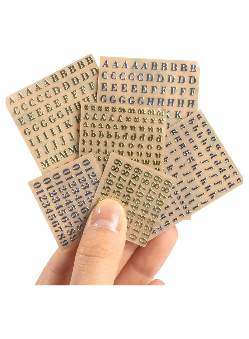 6 Sheets 0.12inch Alphabet Number Stickers Mini Letters Stickers Glitter Alloy Self Adhesive Stickers for Epoxy Resin Casting Decoration DIY Crafts Scrapbook, Golden/Silvery, 3mm - Image 1