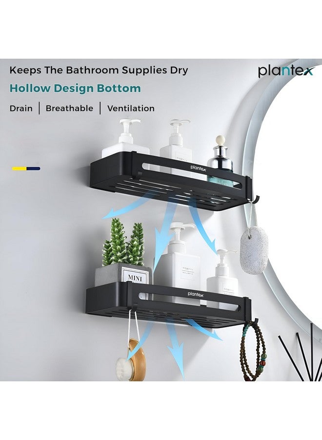 Plantex Bathroom Accessories Items/Space Aluminium Bathroom Shelf with Removable Hooks/Wall Mounted Shelf for Bathroom/Kitchen/Living Room - 12x5 inches, Black (Pack of 2)