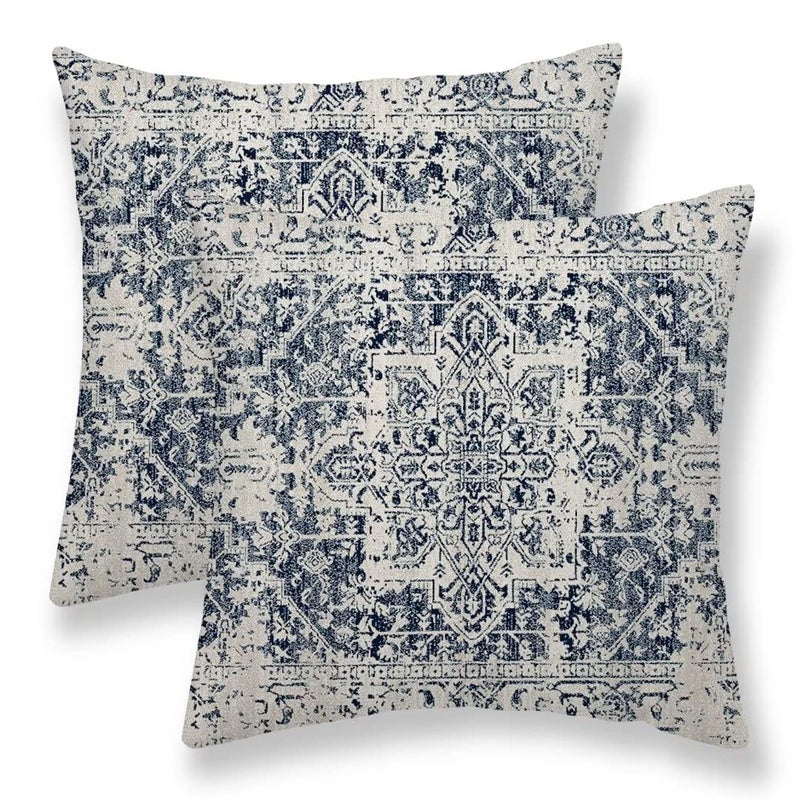 Sunshineyan Boho Pillow Covers 20x20 Set of 2  White Navy Blue Carpet Pattern Outdoor Decorative Throw Pillows Ethnic Rustic Farmhouse Cushion Cases Linen Gifts for Couch Sofa Decor - Image 1