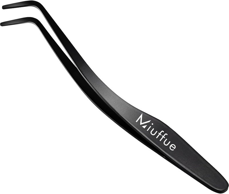 Miuffue Lash Applicator Tool DIY Eyelash Applicator Stainless Steel Curved Eyelash Tweezers for Cluster Lashes (Black) 