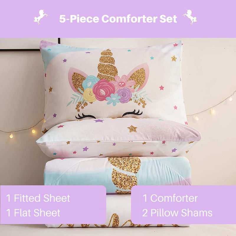 Cokouchyi Twin Size Comforter Set for Girls  5-Piece Bed in a Bag  3D Colorful Unicorn Bedding Comforter Sheet Set  Ultra Soft and Fluffy  Pink & Rainbow Color - Image 4