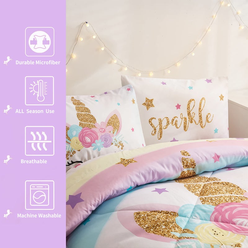 Cokouchyi Twin Size Comforter Set for Girls  5-Piece Bed in a Bag  3D Colorful Unicorn Bedding Comforter Sheet Set  Ultra Soft and Fluffy  Pink & Rainbow Color - Image 2