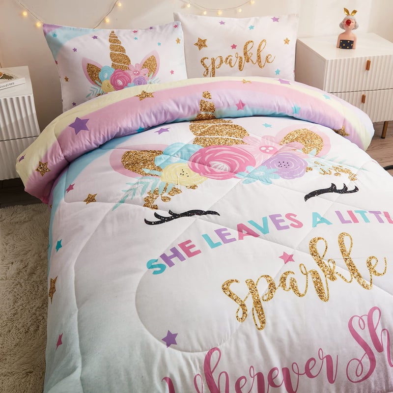 Cokouchyi Twin Size Comforter Set for Girls  5-Piece Bed in a Bag  3D Colorful Unicorn Bedding Comforter Sheet Set  Ultra Soft and Fluffy  Pink & Rainbow Color - Image 3