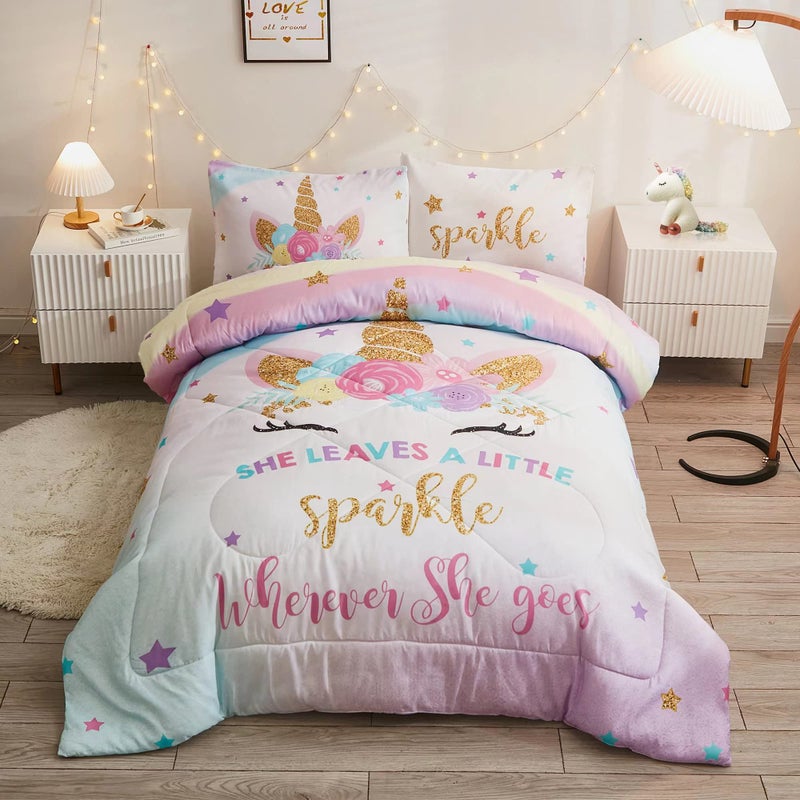 Cokouchyi Twin Size Comforter Set for Girls  5-Piece Bed in a Bag  3D Colorful Unicorn Bedding Comforter Sheet Set  Ultra Soft and Fluffy  Pink & Rainbow Color - Image 1