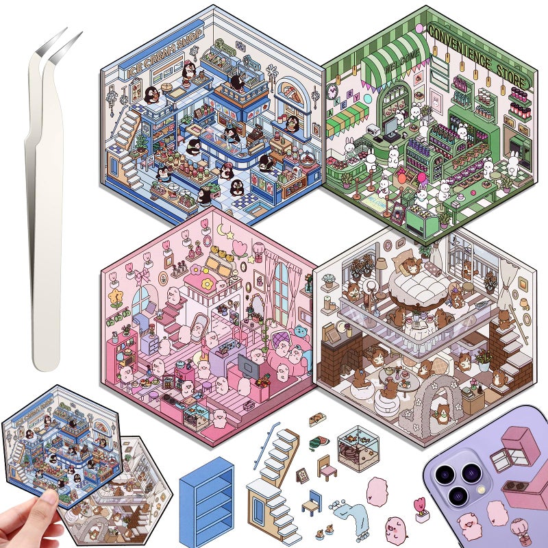 Draupnir 4 Sets DIY 3D House Stickers, Fun DIY Stickers Scene Make Your Own Supermarket, Coffee Shop, Restaurant, Cute 3D Cartoon Scene Sticker Set for Relief Stress Pass The Time - Image 1