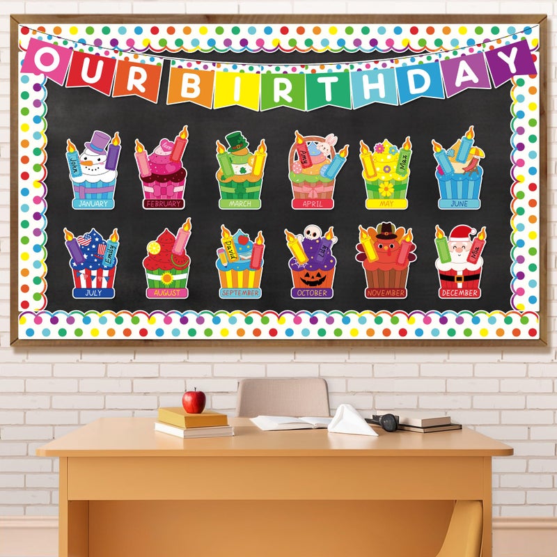 Aneco Happy Birthday Bulletin Board Decorations Cupcake Cutouts Border Trim Birthday Calendar Poster Party Supplies for School Home Wall Decor Supplies - Image 1