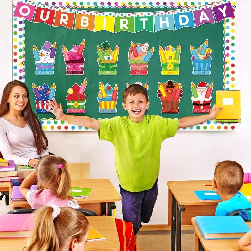 Aneco Happy Birthday Bulletin Board Decorations Cupcake Cutouts Border Trim Birthday Calendar Poster Party Supplies for School Home Wall Decor Supplies - Image 4
