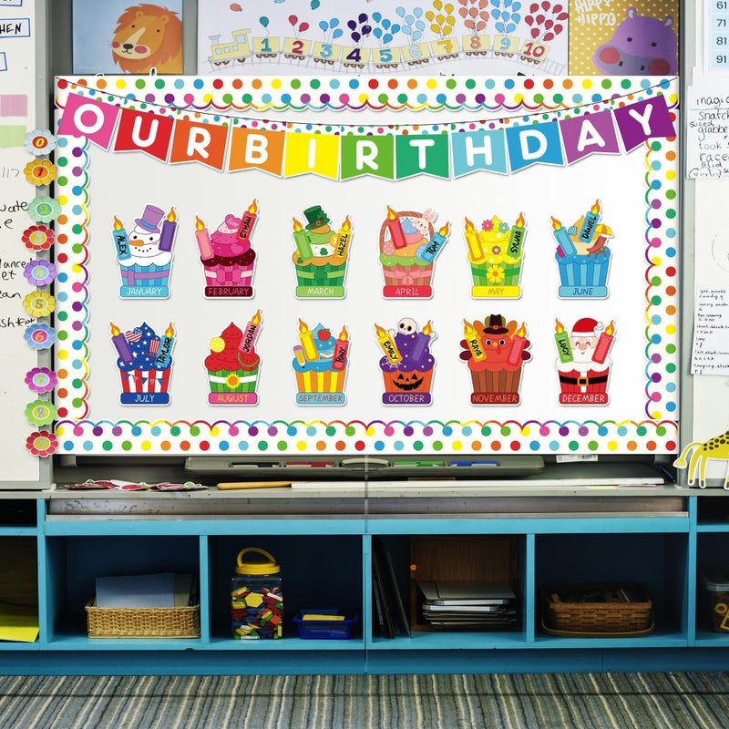 Aneco Happy Birthday Bulletin Board Decorations Cupcake Cutouts Border Trim Birthday Calendar Poster Party Supplies for School Home Wall Decor Supplies - Image 5