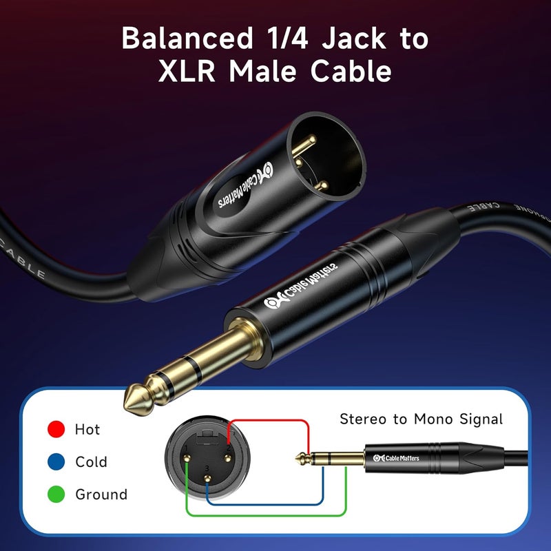 CableMatters 6.35mm (1/4 Inch) TRS to XLR Cable - 6ft, Male to Male XLR to TRS Cable, Black - Not for Microphone Use - Image 2