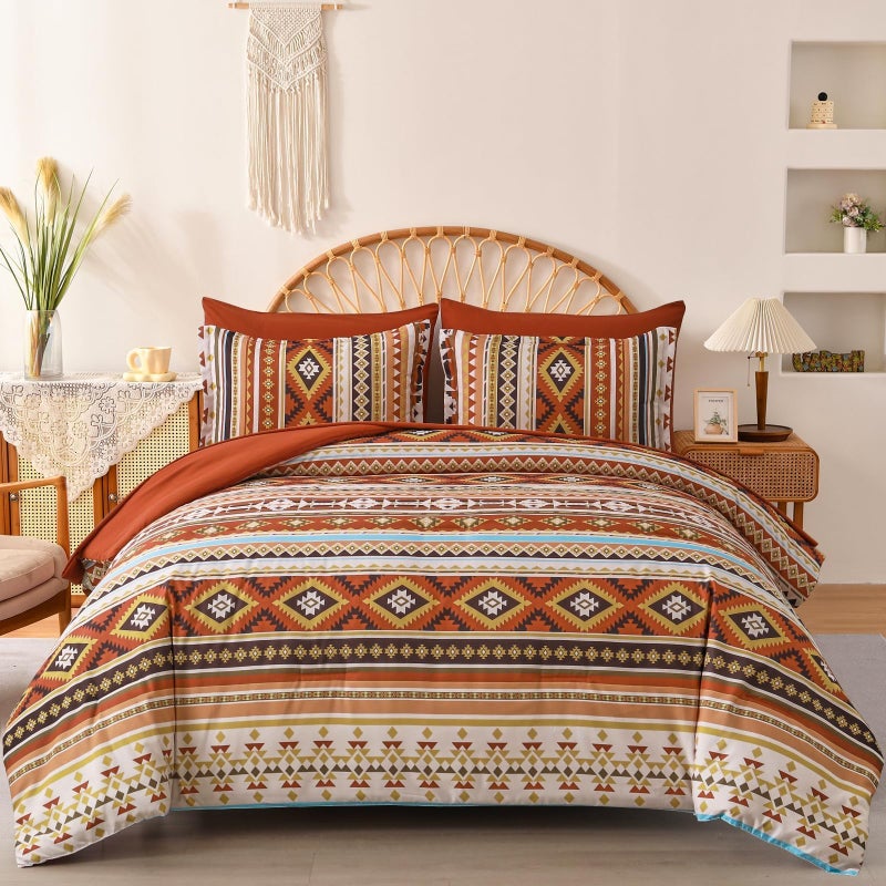 Dinjoy Queen Size Comforter Set BohoBurnt Orange Bed in a Bag Queen Striped Bedding Sets Fall Terracotta Comforters with Sheets 7 Pieces Complete Set Aztec for All Season 90x90