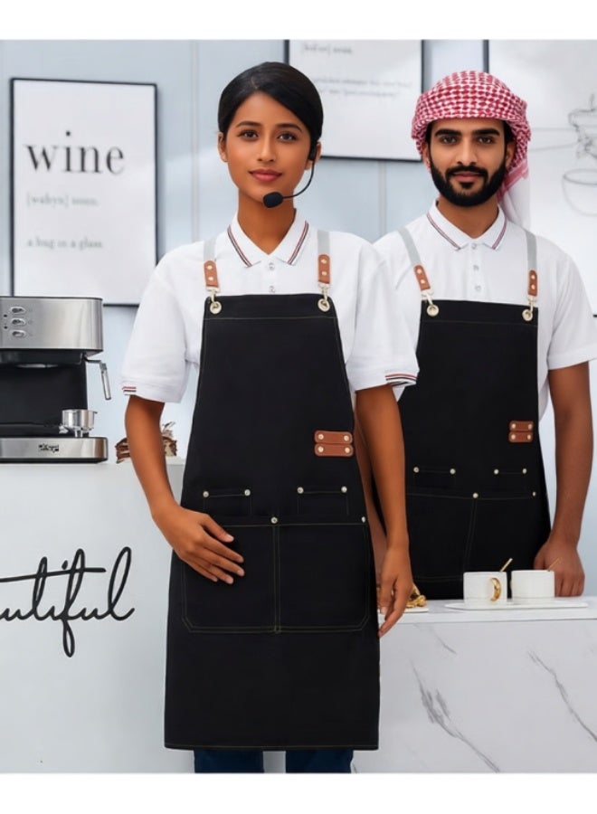 1PCS Cross Back Apron with Adjustable Straps and Large Pockets Canvas Waterproof Fabric Chef Apron Kitchen Cooking Baking Hairstylist Woodworking Welding Carpenter Work Bib Apron Black - Image 2