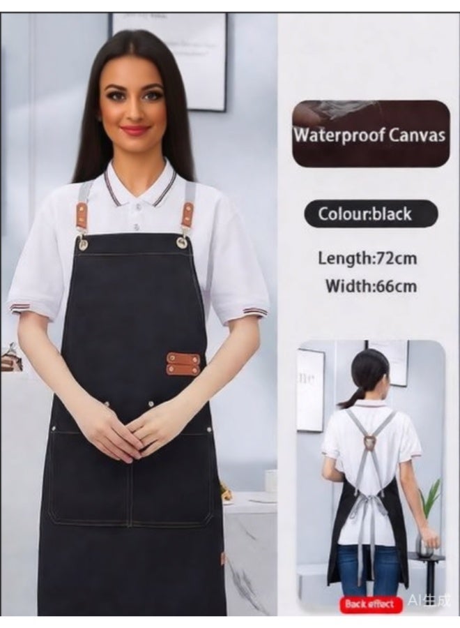 1PCS Cross Back Apron with Adjustable Straps and Large Pockets Canvas Waterproof Fabric Chef Apron Kitchen Cooking Baking Hairstylist Woodworking Welding Carpenter Work Bib Apron Black - Image 1