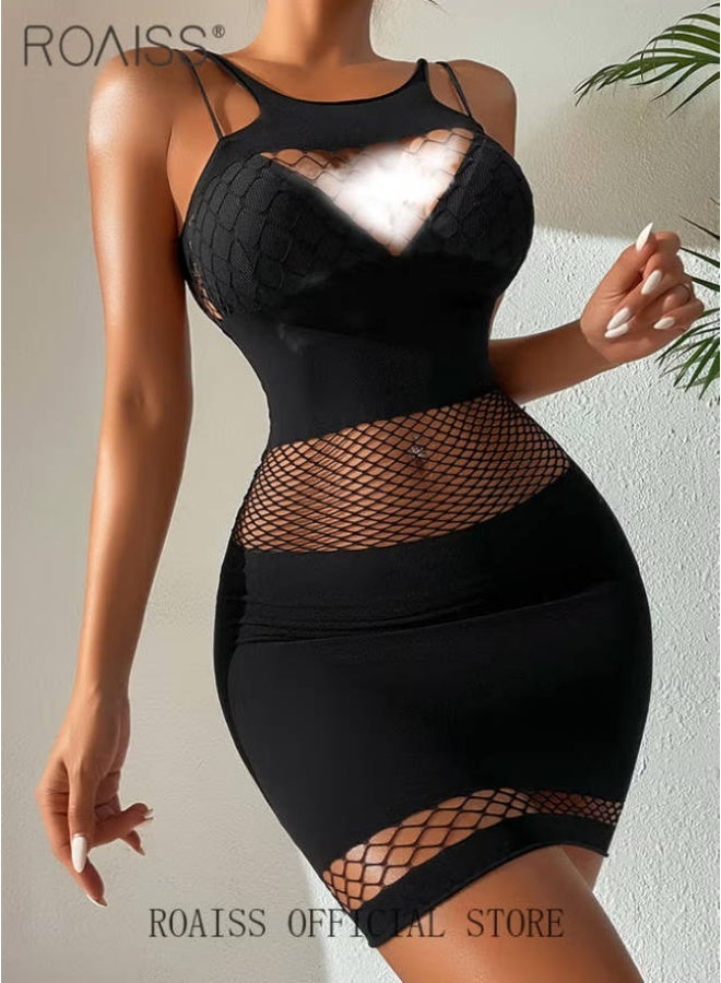 roaiss 2 Piece Mesh Lingerie Set for Women Hollow out See Through Underwear Bodysuits for Wife Girlfriend Ladies Backless Patchwork Halter Sling Fishnet Yarn Dress Set - Image 1