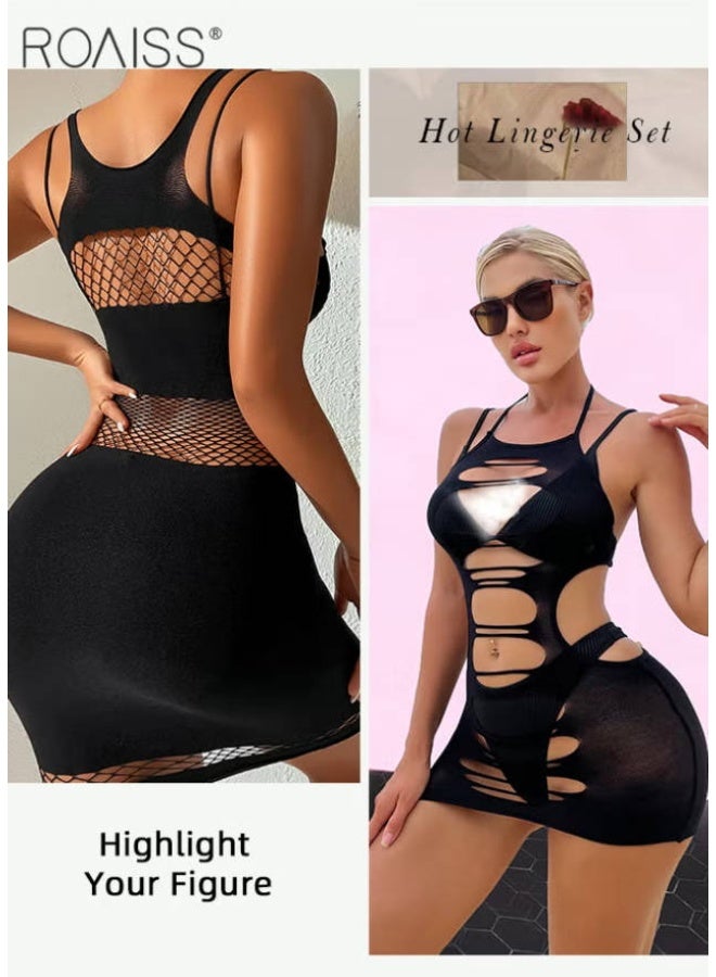 roaiss 2 Piece Mesh Lingerie Set for Women Hollow out See Through Underwear Bodysuits for Wife Girlfriend Ladies Backless Patchwork Halter Sling Fishnet Yarn Dress Set - Image 2
