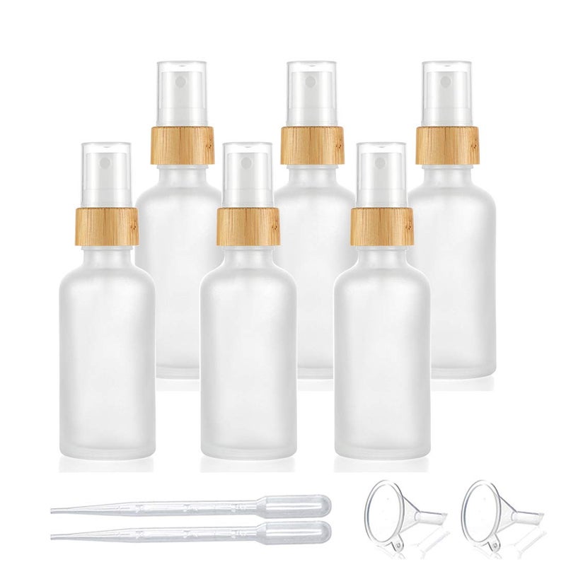 6 Pack,50ml/1.7 oz Frosted Glass Fine Mist Atomiser,Empty Thick Glass Perfume Atomizer Spray Pump Bottle with Bamboo Cap Travel Refillable Vial for Liquid Fragrance Cosmetic Container