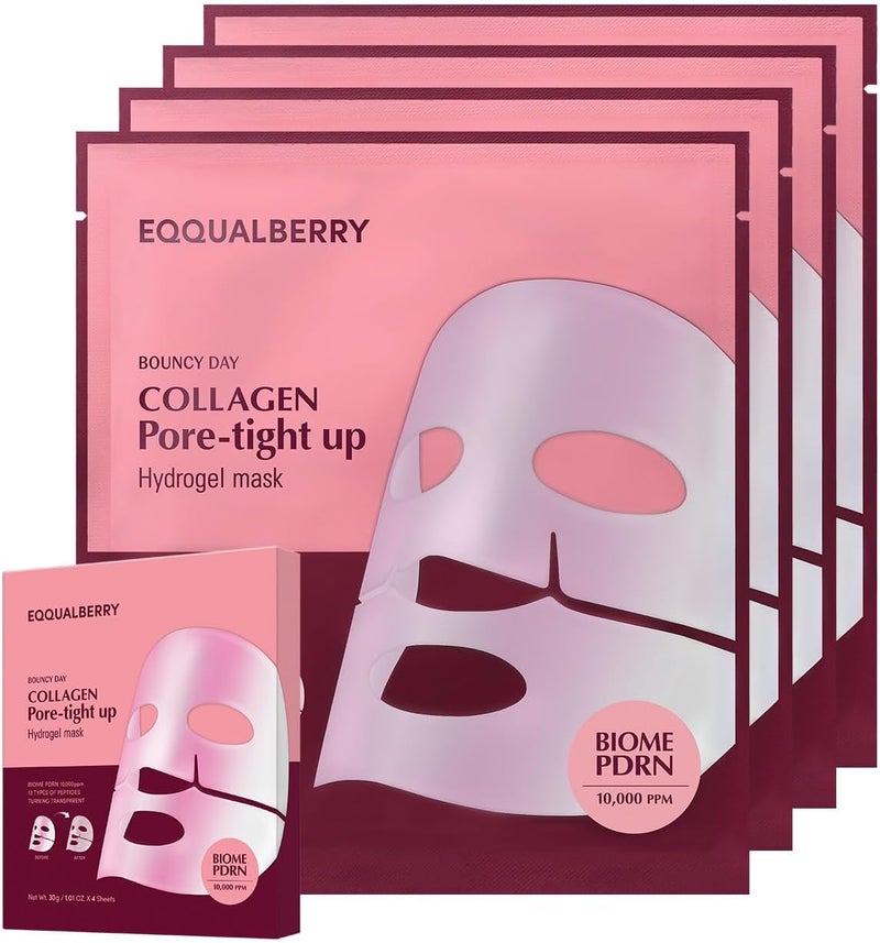 eqqualberry Collagen Pore-Tight Up Mask - PDRN & Low Molecular Collagen for Pore Minimizing and Firming | Korean Collagen Face Mask for Glass Skin, 4 Sheets, 1.01 OZ. - Image 1