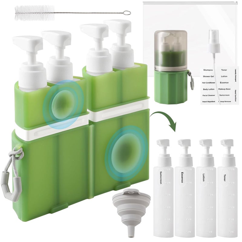 SESENSE 4-in-1 Travel Bottles for Toiletries, TSA Approved Travel Size Toiletries, Leak Proof Refillable Travel Size Shampoo and Conditioner Sets with Wall-Mountable Suction Cup, Green - Image 1