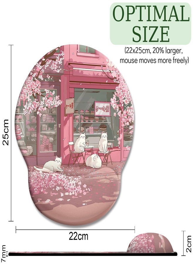 LIMKRIAN Cat Ergonomic Mouse Pad with Wrist Rest, Pink Cherry Blossom Computer Mouse Pad Wrist Support with Non-Slip Pain Relief PU Base, Cute Office Desk Decor Accessories Japanese Dessert House - Image 4