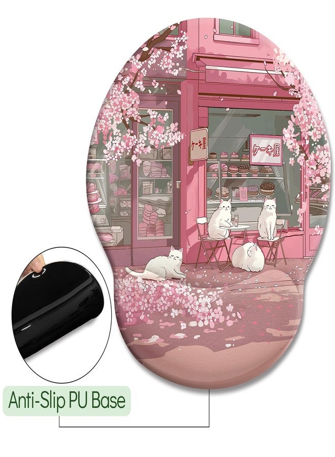 LIMKRIAN Cat Ergonomic Mouse Pad with Wrist Rest, Pink Cherry Blossom Computer Mouse Pad Wrist Support with Non-Slip Pain Relief PU Base, Cute Office Desk Decor Accessories Japanese Dessert House - Image 5