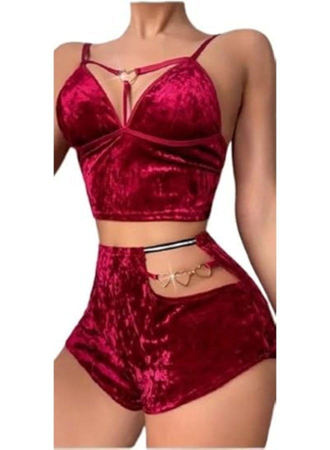 هنادى بيجامة هوت شورت قطيفة مع سوار قلوب – ساوان حتى 80 كيلو – HN 9011 - Image 1