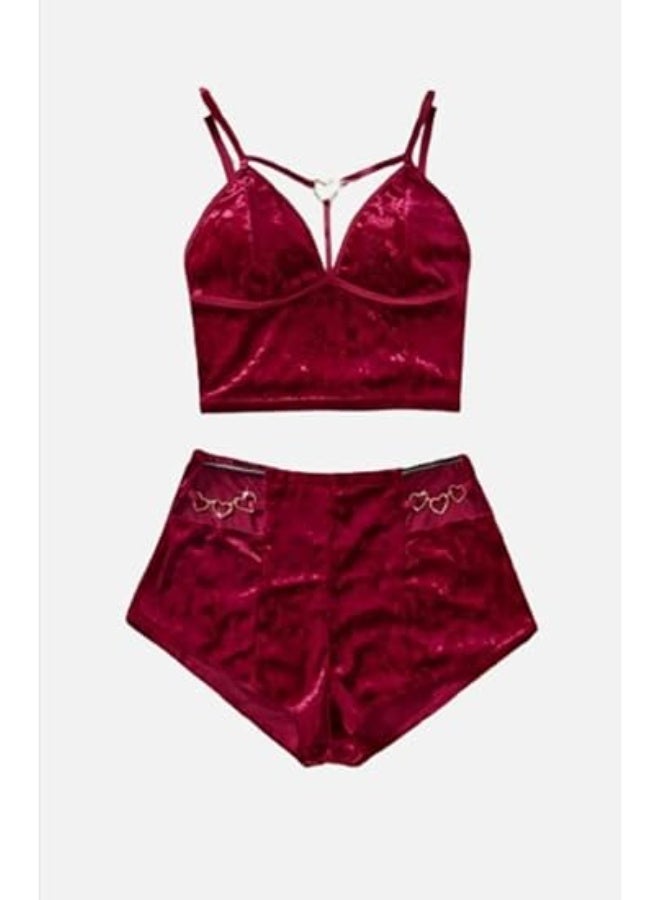 هنادى بيجامة هوت شورت قطيفة مع سوار قلوب – ساوان حتى 80 كيلو – HN 9011 - Image 2