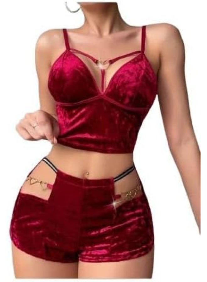 هنادى بيجامة هوت شورت قطيفة مع سوار قلوب – ساوان حتى 80 كيلو – HN 9011 - Image 4