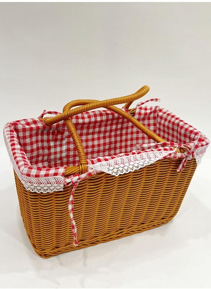 Generic - Rattan Storage Basket With Light Handles Camping Shopping Picnic Outdoor Brown/Red - Image 1