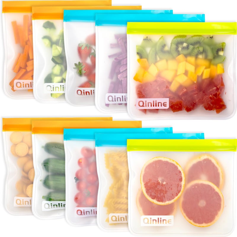 Qinline Reusable Food Storage Bags - 10 Pack Freezer Bags, Extra Thick Leakproof Lunch Bags for Salad Fruit Marinate Meats Travel - 10 Sandwich Storage Bag - Image 1