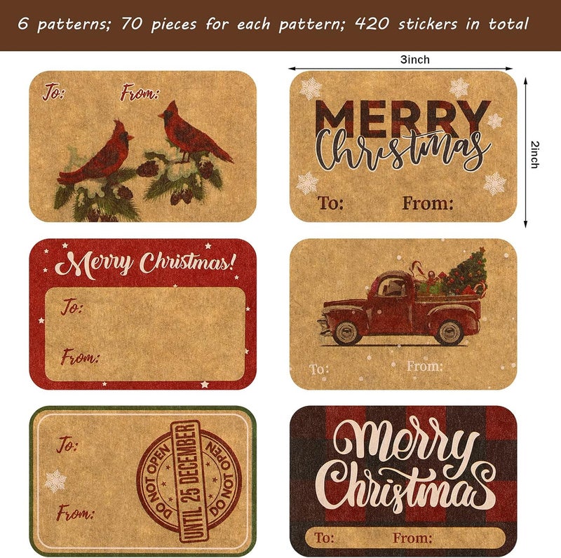 كلاراكو 400 قطعة من ملصقات كرافت عيد الميلاد اللاصقة وعلامات هدايا عيد الميلاد 6 أنماط ملصقات اسم عيد الميلاد مستطيلة زينة لأكواب وزجاجات وصناديق ولوازم مكتبية لعيد الميلاد - Image 2