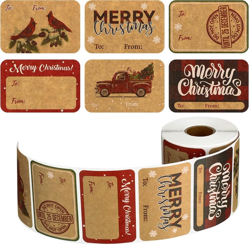 كلاراكو 400 قطعة من ملصقات كرافت عيد الميلاد اللاصقة وعلامات هدايا عيد الميلاد 6 أنماط ملصقات اسم عيد الميلاد مستطيلة زينة لأكواب وزجاجات وصناديق ولوازم مكتبية لعيد الميلاد - Image 1