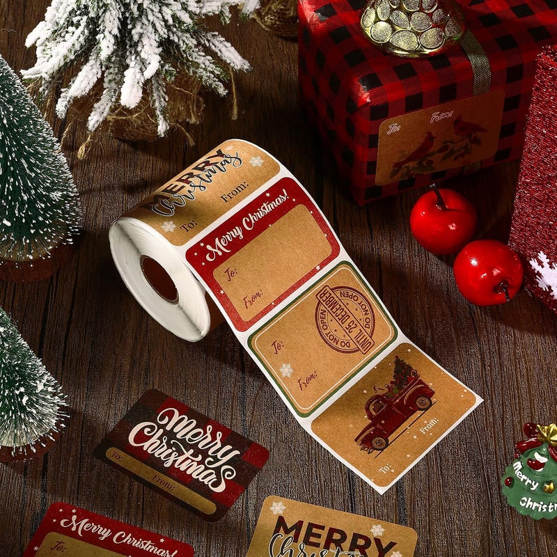 كلاراكو 400 قطعة من ملصقات كرافت عيد الميلاد اللاصقة وعلامات هدايا عيد الميلاد 6 أنماط ملصقات اسم عيد الميلاد مستطيلة زينة لأكواب وزجاجات وصناديق ولوازم مكتبية لعيد الميلاد - Image 3