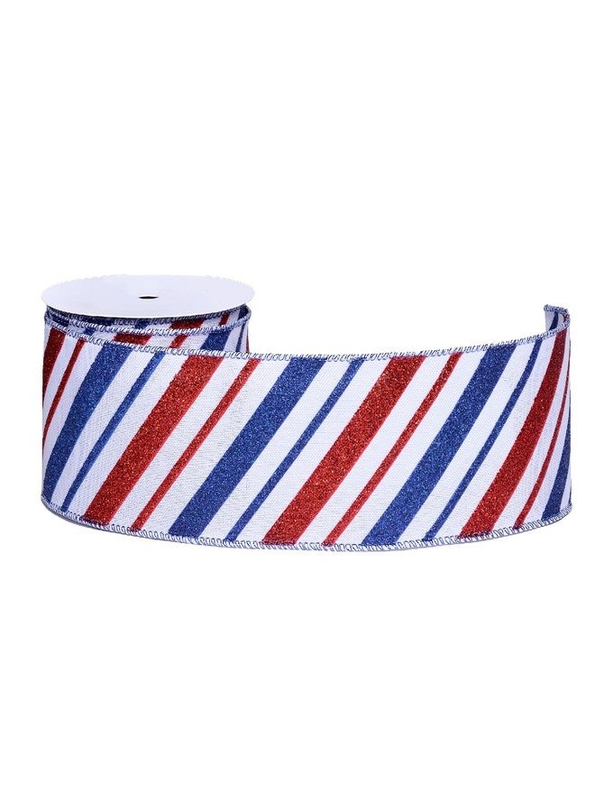 Ribest Patriotic Ribbon Wired, Red White and Blue 4th of July Stripes Burlap Decorative Ribbon for Crafts Wreaths Gift Wrapping, 2-1/2 Inch × 10 Yards (30 Feets)
