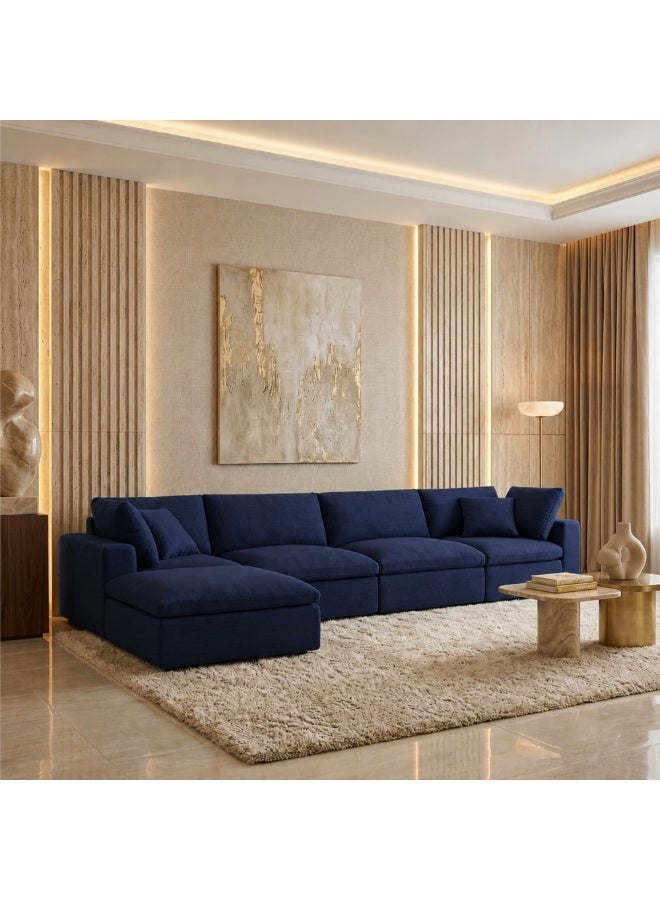 الحياة البحرية أريكة مقطعية عصرية تتسع لـ 5 أشخاص، بتصميم زاوية على شكل حرف L ومقعد استرخاء (شيزلونج) جهة اليمين، مناسبة لغرفة المعيشة، لون أزرق، الأبعاد 400 × 204 × 90 سم. - Image 1