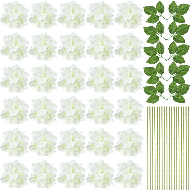 Janinka 30 Sets Silk Hydrangea Flowers Party Artificial Flowers Faux Hydrangea Floral Decorations with Stems and Leaves for Wedding Birthday Holiday Bedroom Home DecorWhite