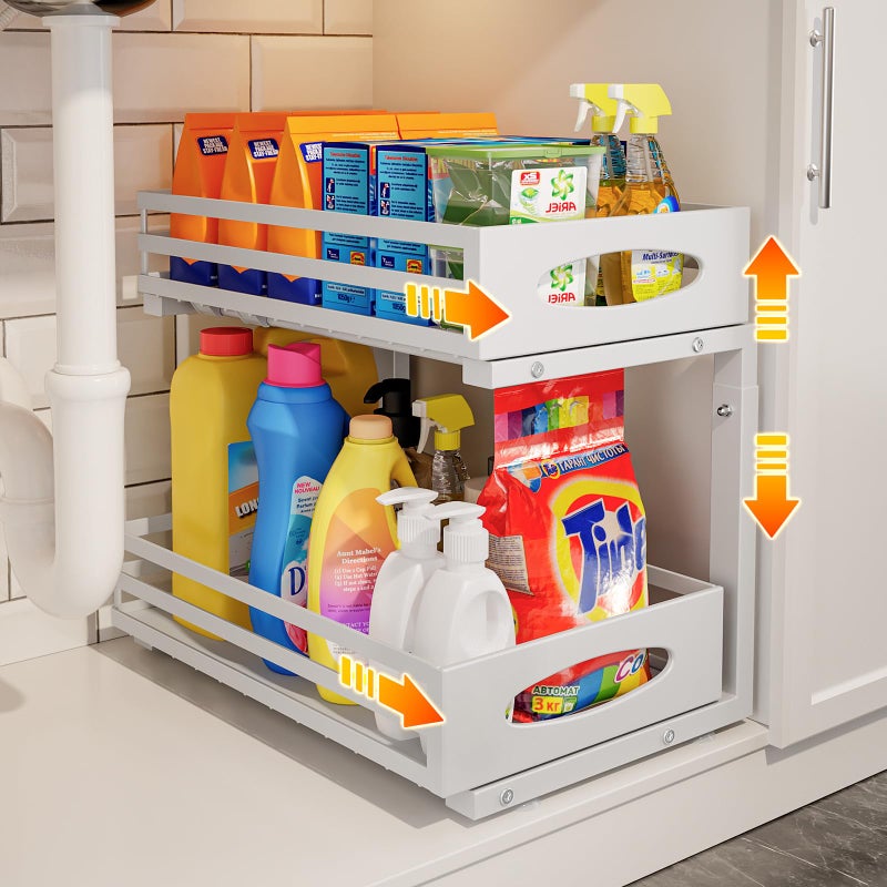 mixeshop Under Sink Organizer, 2 Tier Under Sink Organizers and Storage, Adjustable Height, Slide out Metal Cabinet Organizers, Pull out Cabinet Storage Drawer Shelf for Kitchen Bathroom (White, 1 Pack) - Image 1