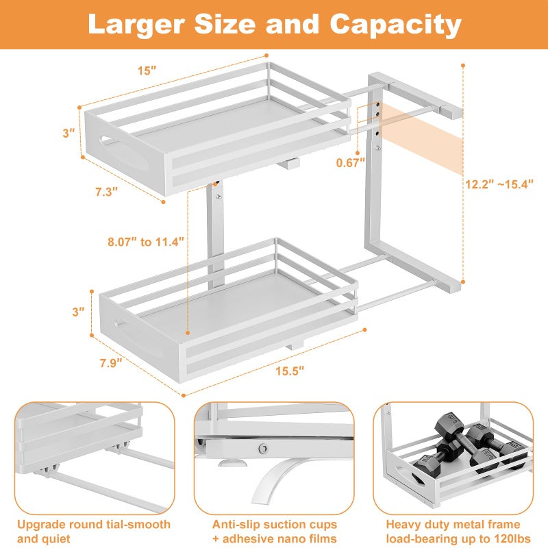mixeshop Under Sink Organizer, 2 Tier Under Sink Organizers and Storage, Adjustable Height, Slide out Metal Cabinet Organizers, Pull out Cabinet Storage Drawer Shelf for Kitchen Bathroom (White, 1 Pack) - Image 3
