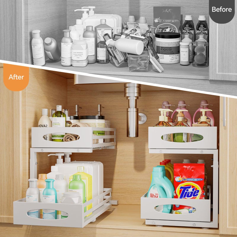 mixeshop Under Sink Organizer, 2 Tier Under Sink Organizers and Storage, Adjustable Height, Slide out Metal Cabinet Organizers, Pull out Cabinet Storage Drawer Shelf for Kitchen Bathroom (White, 1 Pack) - Image 2
