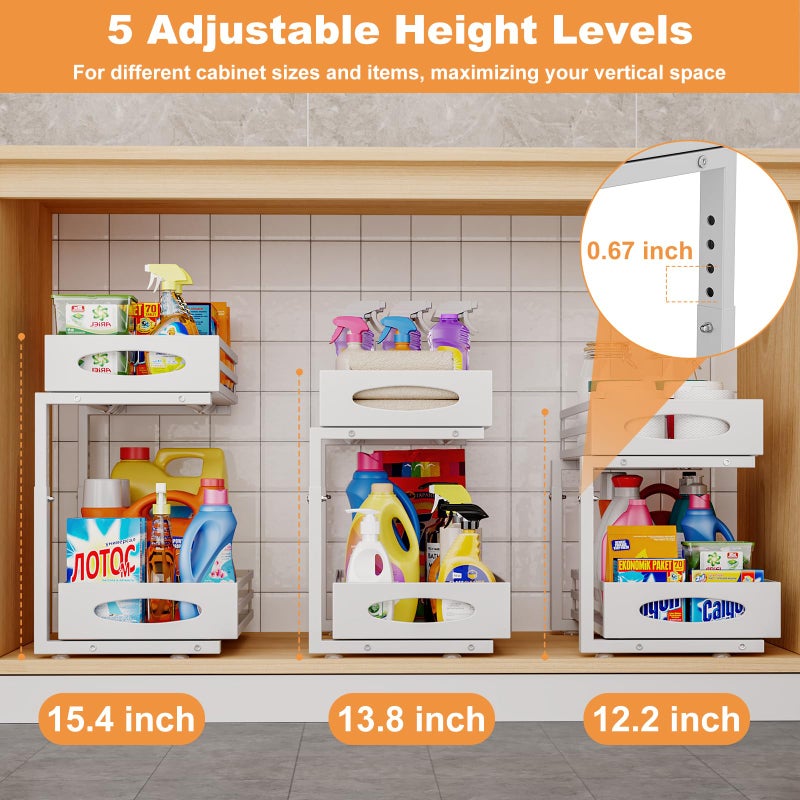 mixeshop Under Sink Organizer, 2 Tier Under Sink Organizers and Storage, Adjustable Height, Slide out Metal Cabinet Organizers, Pull out Cabinet Storage Drawer Shelf for Kitchen Bathroom (White, 1 Pack) - Image 5