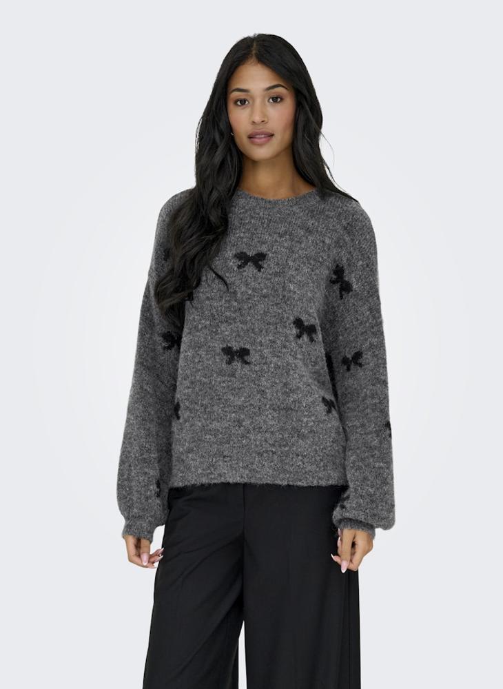 ONLY XMAS Bow Print Long Sleeve Crew Neck Pullover Sweater - Image 1