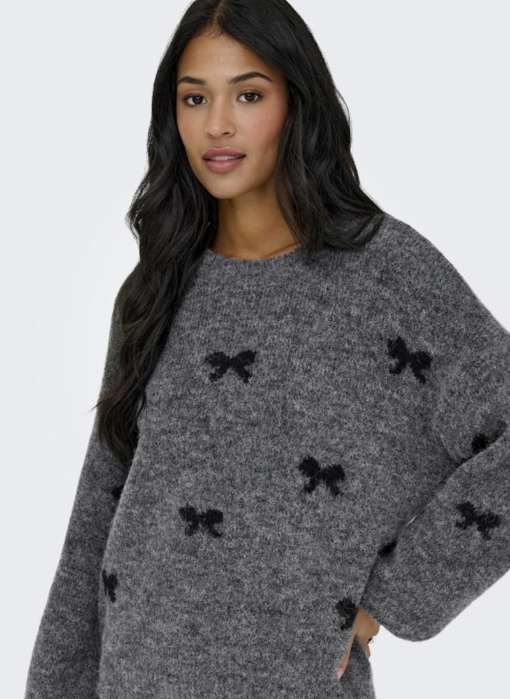 ONLY XMAS Bow Print Long Sleeve Crew Neck Pullover Sweater - Image 4