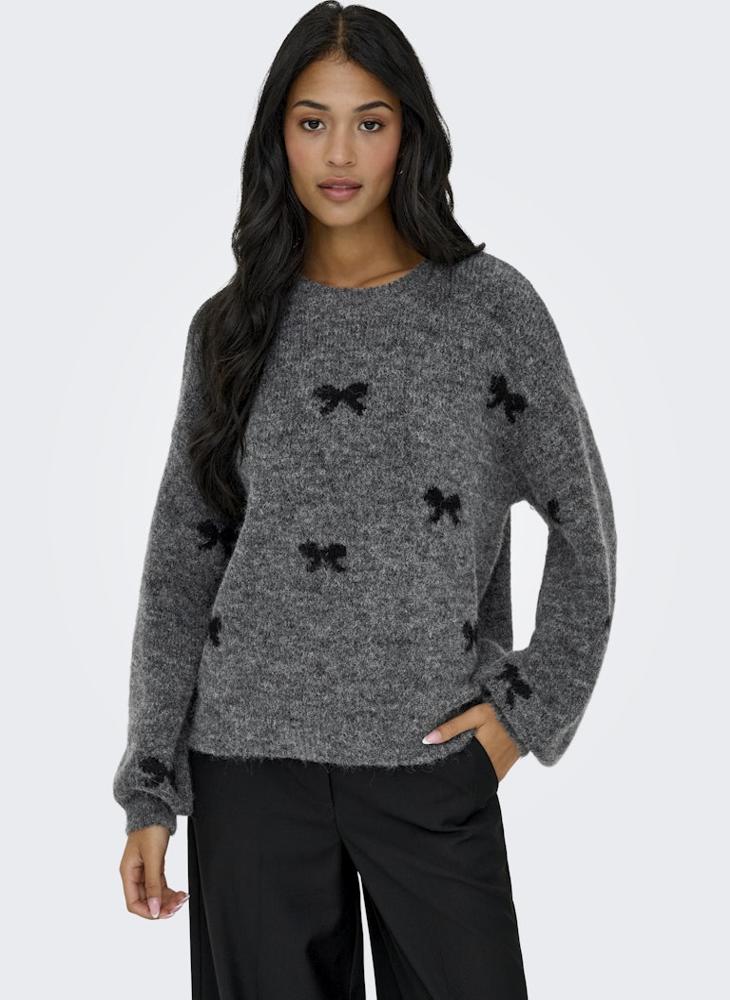 ONLY XMAS Bow Print Long Sleeve Crew Neck Pullover Sweater - Image 3