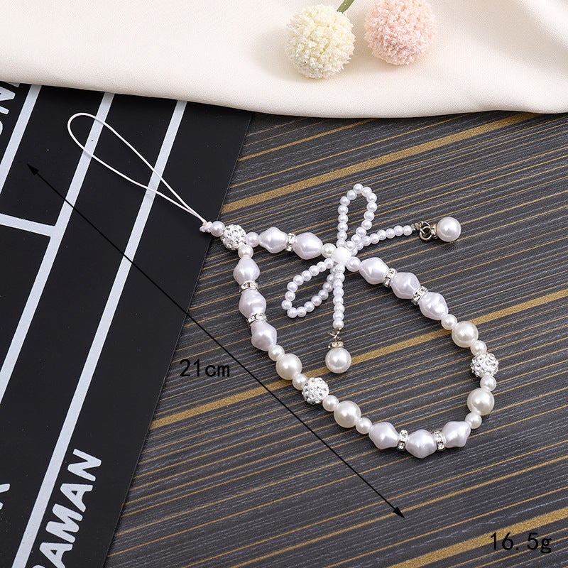 Creative Pearl Bow Phone Chain Beaded Lanyard K3047 special-shaped beaded mobile phone chain white bow