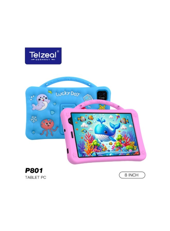 Telzeal P801 Kids Tablet 8-Inch Android 13 with 8GB RAM 512GB Storage, Dual SIM, Dual Camera, 5000mAh Battery | Educational Tablet for Kids with Stylus & Protective Case – Blue