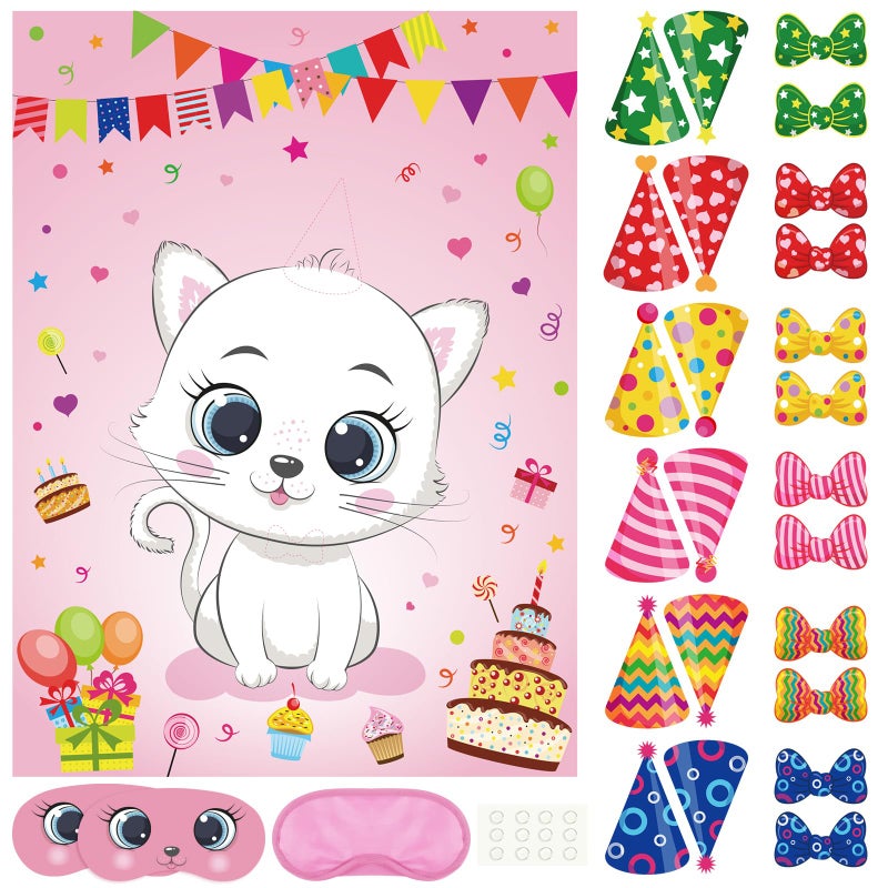 PLULON Cat Party Game for Kids Pin The Hat Bow Tie on The Cat Birthday Game Poster for Boy Girl Birthday Summer Party Favors Wall Decorations Classroom Activities - Image 3