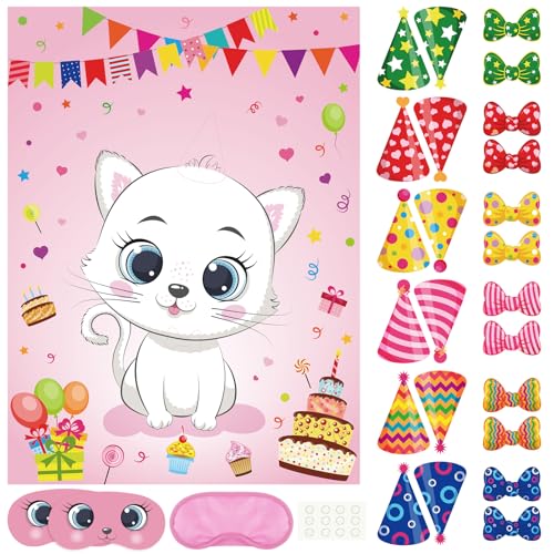 PLULON Cat Party Game for Kids Pin The Hat Bow Tie on The Cat Birthday Game Poster for Boy Girl Birthday Summer Party Favors Wall Decorations Classroom Activities - Image 1
