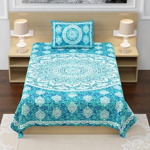 RajasthaniKart® Pure 100% Cotton Single Bed Sheet with 1 Pillow Cover (Bedsheet for Single Bed Cotton, Green Star) - Image 2