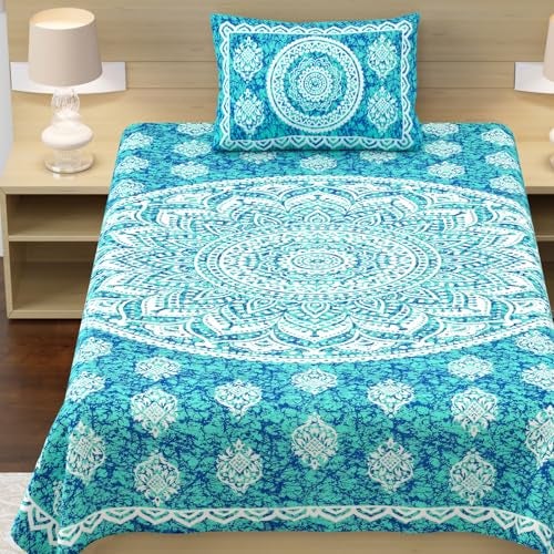 RajasthaniKart® Pure 100% Cotton Single Bed Sheet with 1 Pillow Cover (Bedsheet for Single Bed Cotton, Green Star) - Image 3