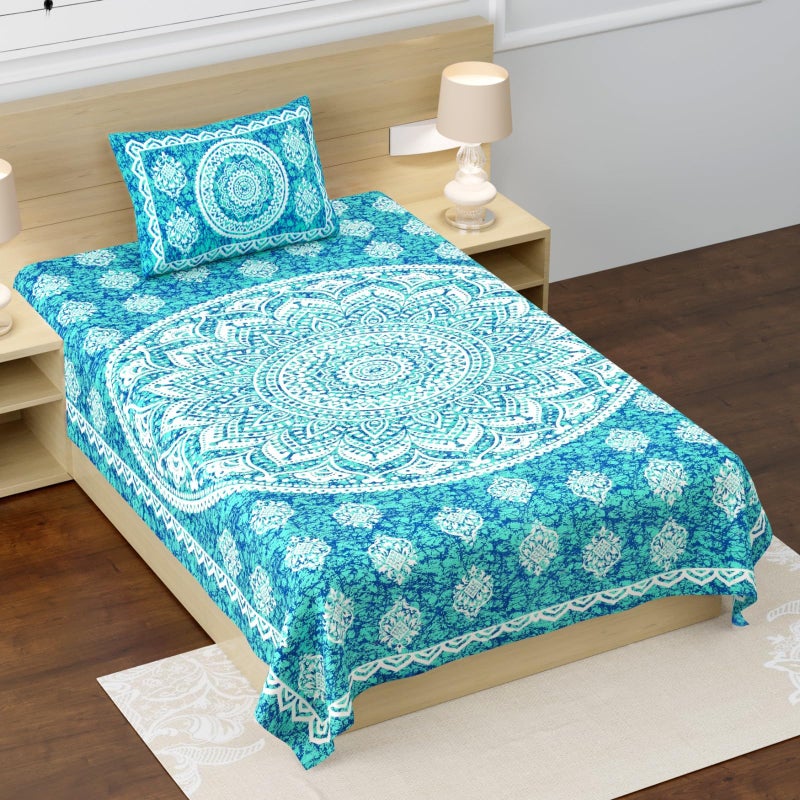 RajasthaniKart® Pure 100% Cotton Single Bed Sheet with 1 Pillow Cover (Bedsheet for Single Bed Cotton, Green Star) - Image 5